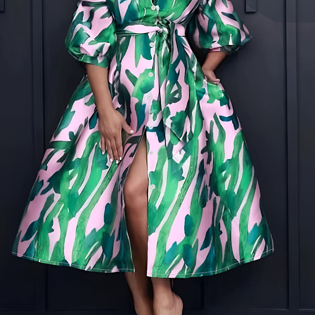 Plus Size Abstract Print Dress, Casual Half Sleeve V Neck Button Front Belted Midi Dress For Spring & Summer, Women's Plus Size Clothing