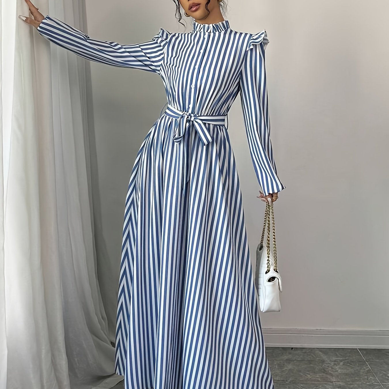 Elegant Floral Print Long Sleeve Dress with Stand Collar and Waist Detail, Polyester A-Line Maxi Dress, with Lantern Sleeves and Ruffle Hem, for Spring/Fall