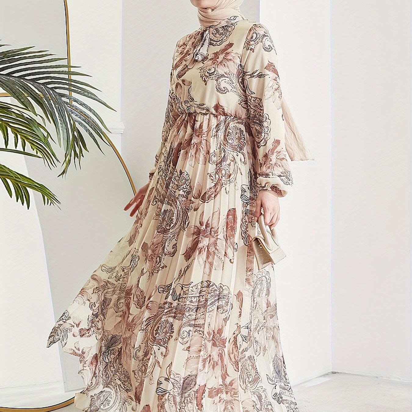 [Modest Kaftan Dress] Modest Long Sleeve Floral Print Kaftan Dress | Women's Pleated Flowy Maxi Dress, Clothing