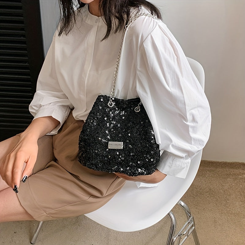 Fashion Sequins Popular Niche Design Sequin Bags Creative And Simple New Women's Bags Personality Chain Shoulder Diagonal Cross-body Bucket Bags Creative Sequin Simple Bags