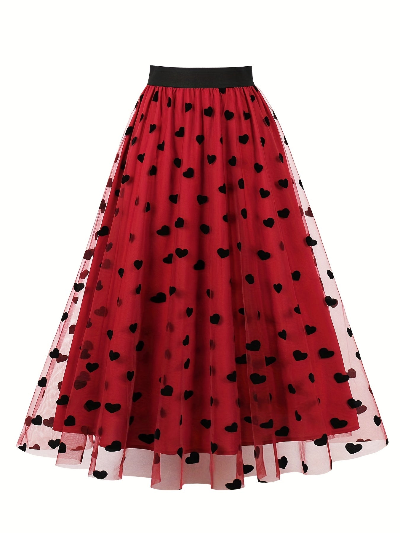 Cross-Border Vintage Midi Skirt, Puffy High-Waisted Skirt with Heart-Shaped Tulle, Printed Half Skirt 3295