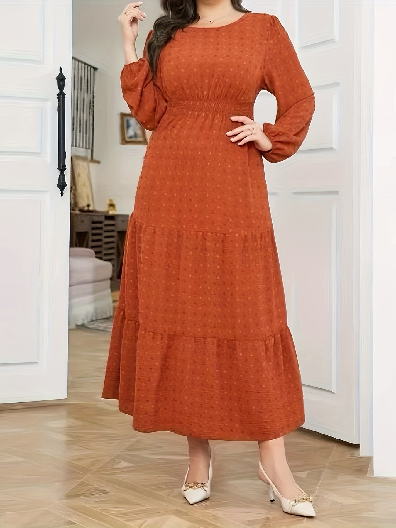 High Waist Tiered Dress, Elegant Solid Long Sleeve Maxi Dress, Women's Clothing