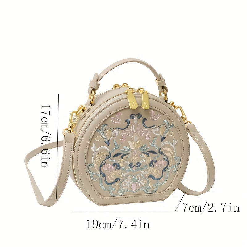 Elegant Floral Embroidered Crossbody Bag - Chic Faux Leather Shoulder Purse with Golden-Tone Hardware, Zip Closure, and Polyester Lining - Handwash/Dry Clean, Multicolor