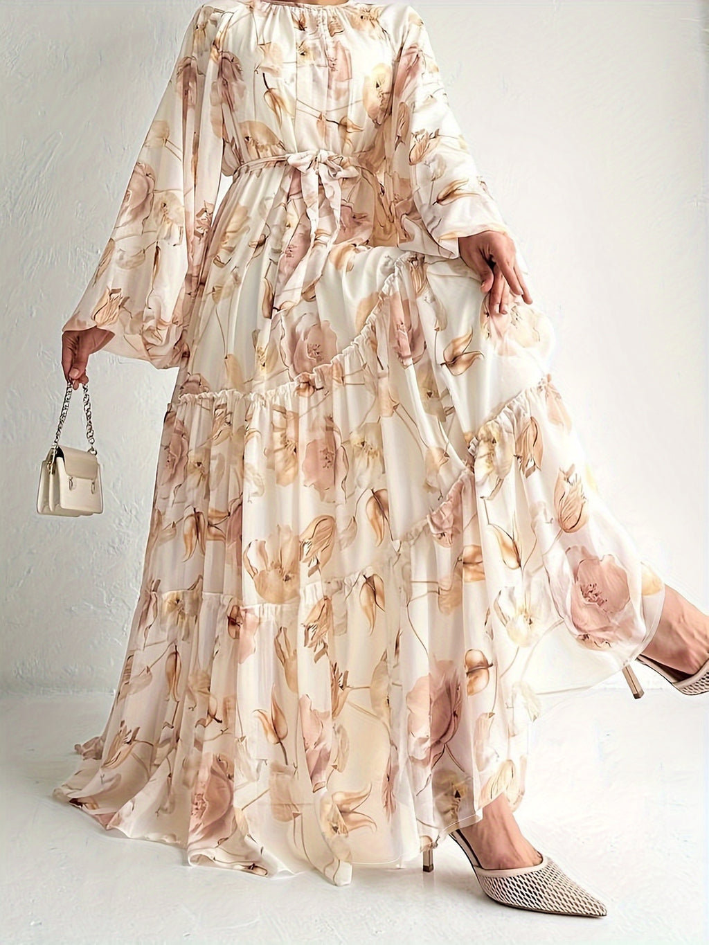 Flawless Floral Print Kaftan Maxi Dress - Flowy Crew Neck, Belted Waist, Luxurious Long Sleeves - A Stylish & Elegant Womens Clothing Choice for All Seasons