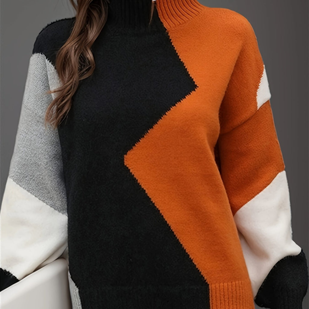 Plus Size Color Block Turtle Neck Sweater, Long Sleeve Elegant Sweater For Spring & Winter, Women's Plus Size Clothing