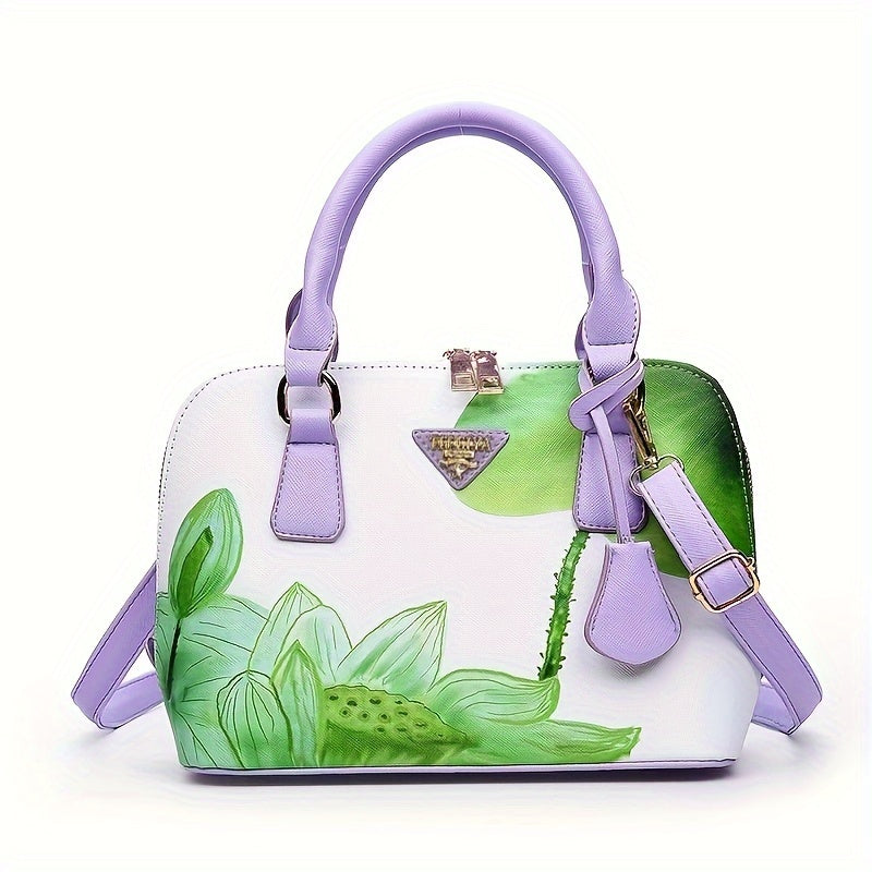Stylish Floral Print Boston Bag - Spacious Top Handle Crossbody Handbag with Adjustable Shoulder Strap, Elegant Women's Fashion Purse for Daily Use