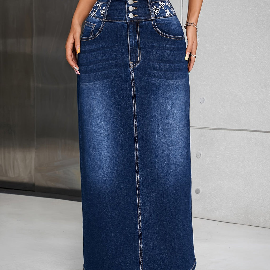Women's High Rise Maxi Denim Skirt - Floral Embroidered, Single-breasted, Washed, Comfortable, Stylish, and Perfect for Casual Occasions