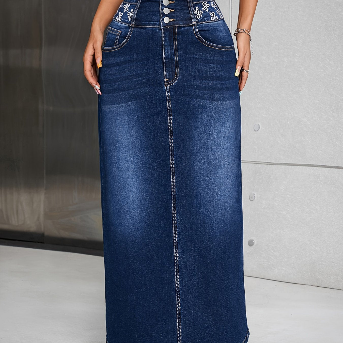 Women's High Rise Maxi Denim Skirt - Floral Embroidered, Single-breasted, Washed, Comfortable, Stylish, and Perfect for Casual Occasions