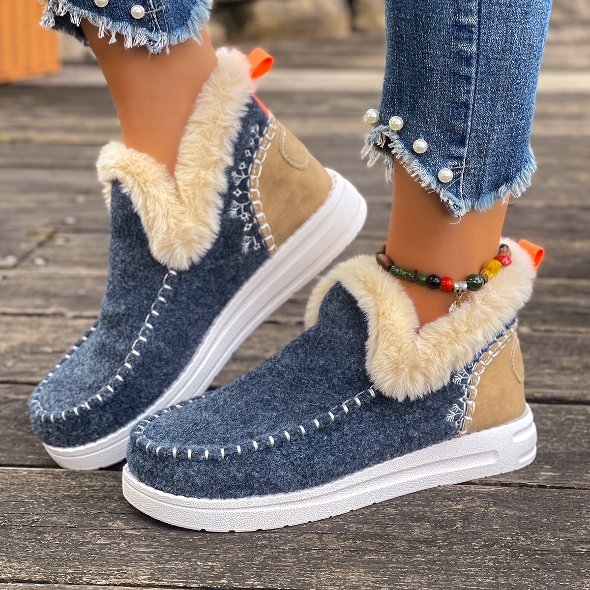 Women'S  Cozy Plush Slip-On Snow Boots with Soft Rubber Sole - Lightweight Warm Winter Boots with Cushioned Insole, Round Toe & Arch Support, Casual Outdoor Shoes for Cold Weather, Black & Brown (Canvas Lining) - Ide