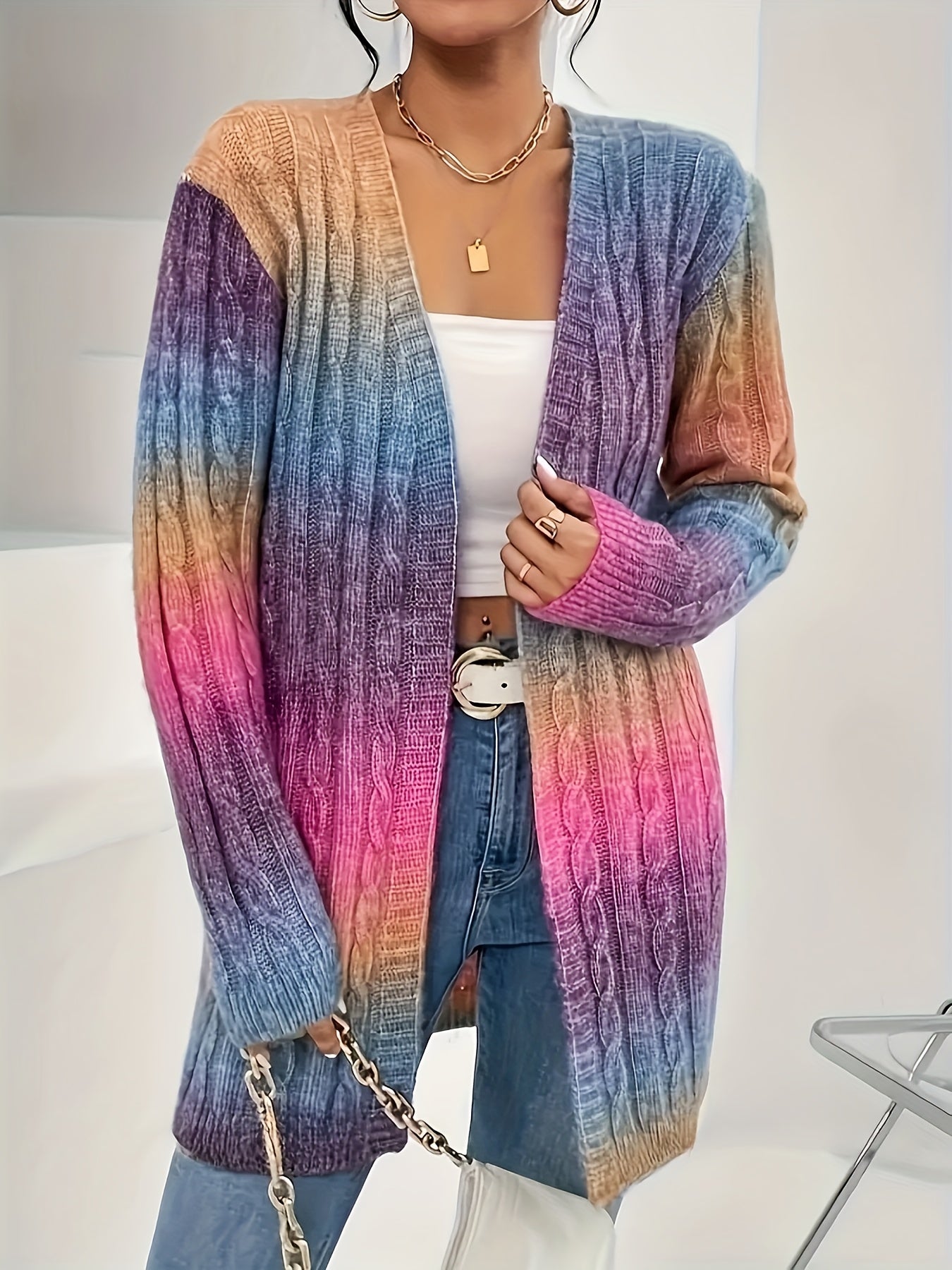 Plus Size Ombre Color Cable Knitted Cardigan, Casual Open Front Long Sleeve Cardigan For Fall & Winter, Women's Plus Size Clothing