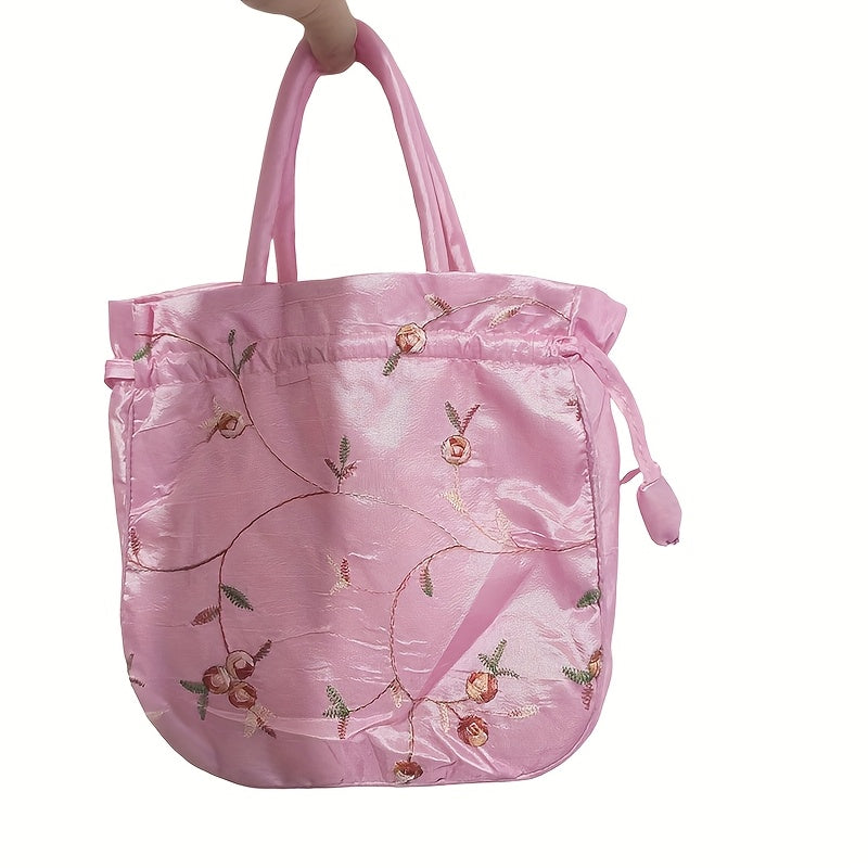 1pc Elegant Floral Clutch for Wo/Chic Drawstring Bucket Bag/Polyester Lining/Perfect for Coins & Phone/White & Pink/Cute Purse