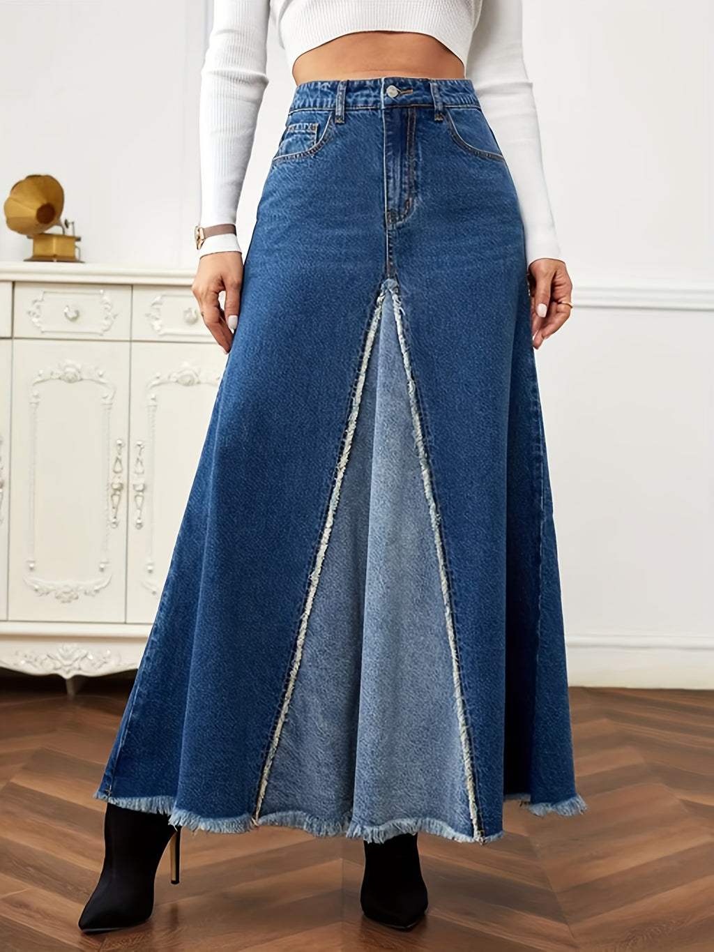 Two Tone Patchwork Denim Midi Skirt, Frayed Hem Slant Pockets Chic Denim Skirt, Women's Denim Clothing