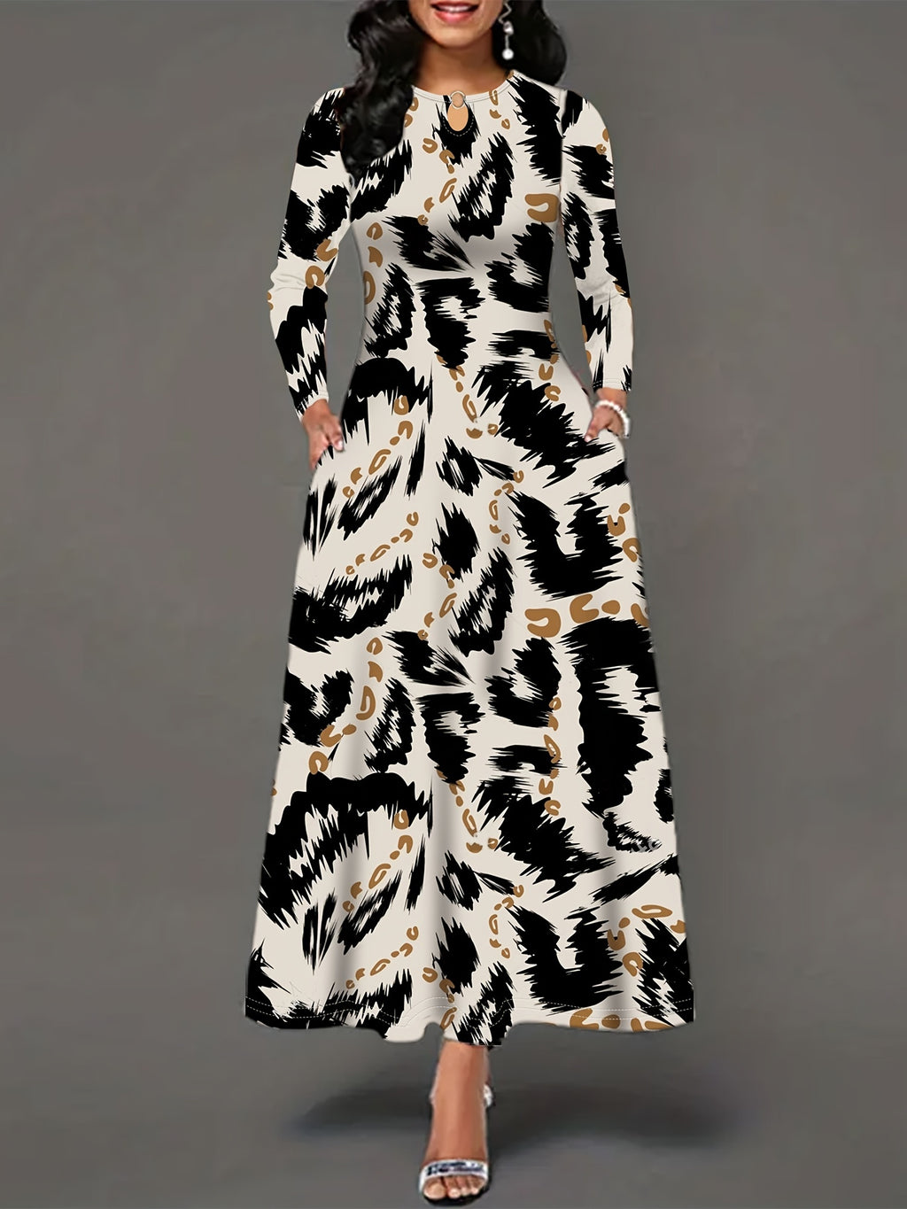 Stylish Women's Long Sleeve Maxi Dress with Pockets - Elegant Leopard Print, Crew Neck, Stretchy Polyester Blend for Fall/Winter