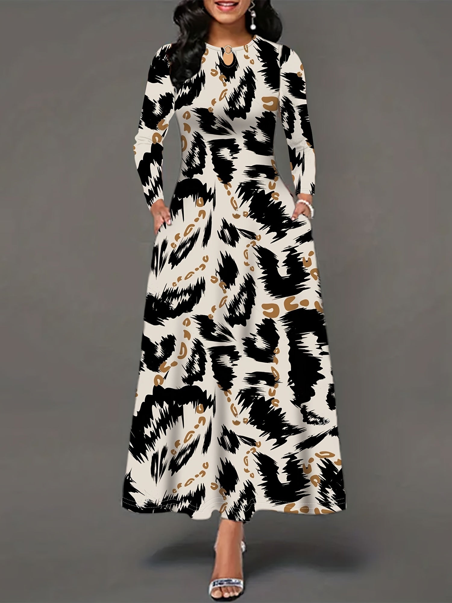 Stylish Women's Long Sleeve Maxi Dress with Pockets - Elegant Leopard Print, Crew Neck, Stretchy Polyester Blend for Fall/Winter