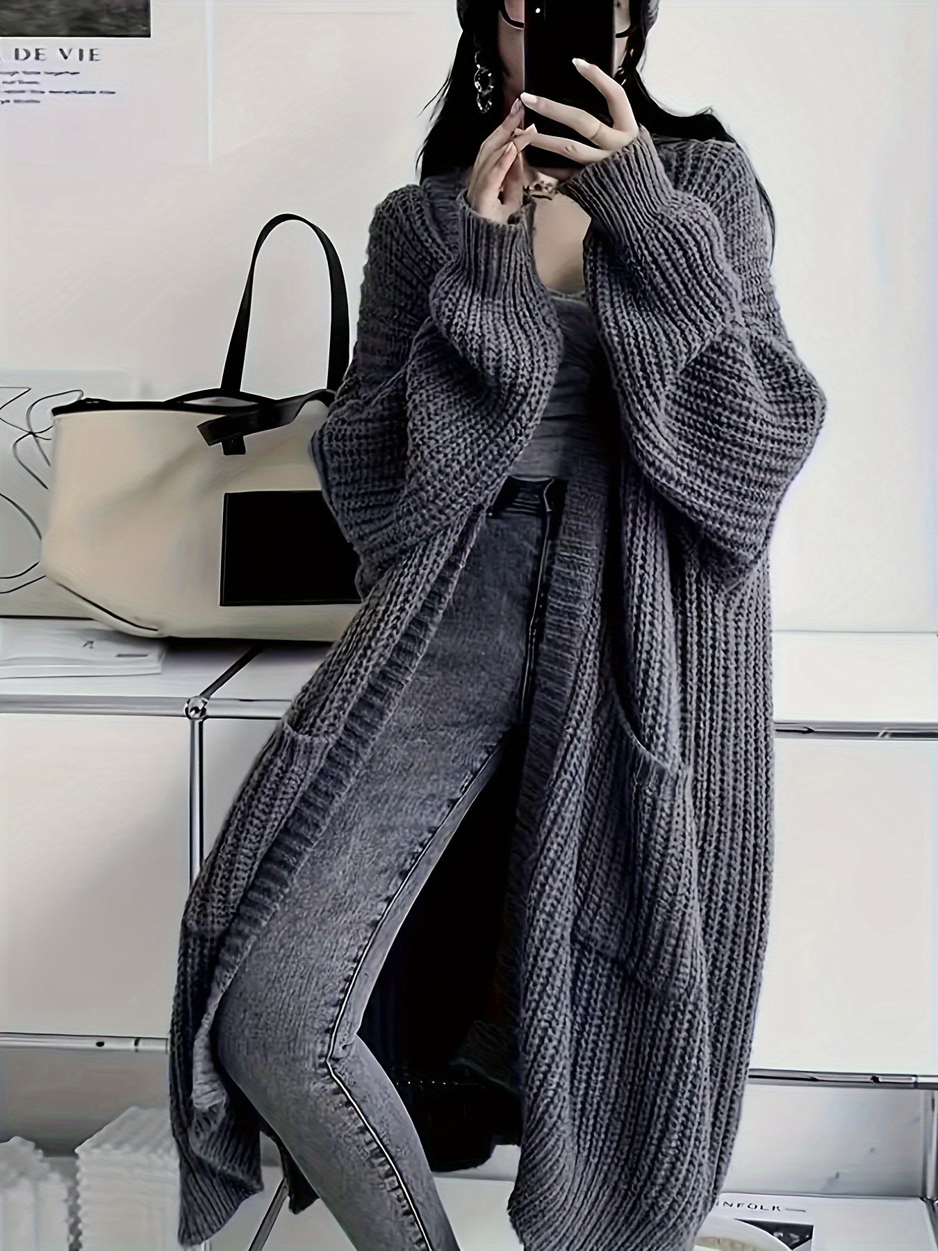 Plus Size Open Front Loose Knit Cardigan, Casual Long Sleeve Long Length Cardigan With Pocket, Women's Plus Size Clothing