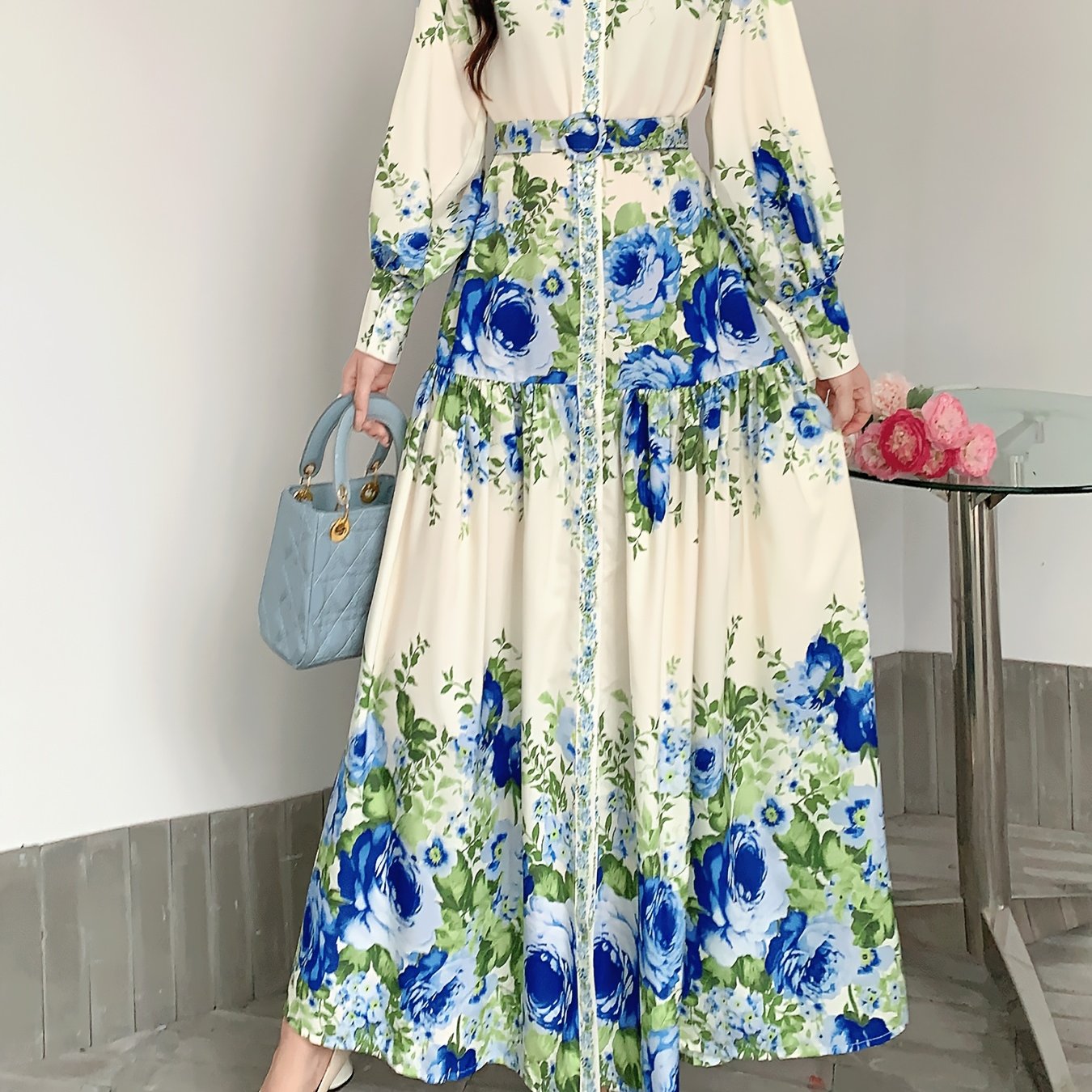 1pc Elegant Vintage Floral Chiffon Dress for Women - Long Sleeve Stand Collar Maxi Dress with Belt Detail, Regular Fit Woven Dress for All Seasons