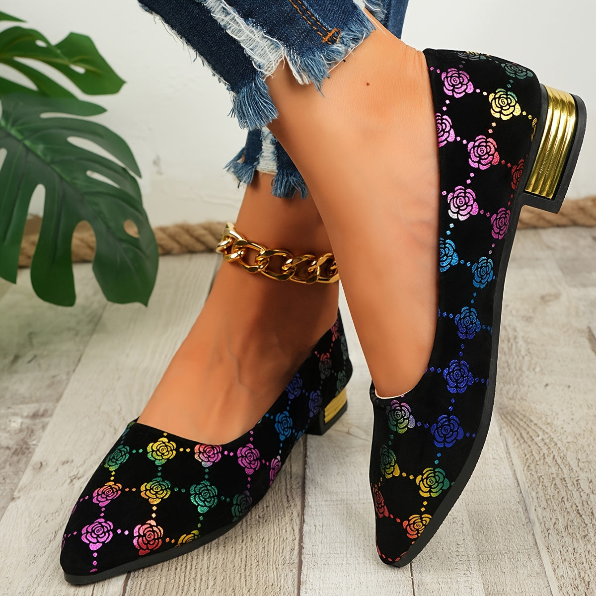 Women's Fashion Mary Jane Flats, Minimalist Floral Pattern Slip-On Shoes with Pointed Toe, Lightweight Fabric Upper, Rubber Sole, All-Season Comfort Footwear, Ladies Shoes
