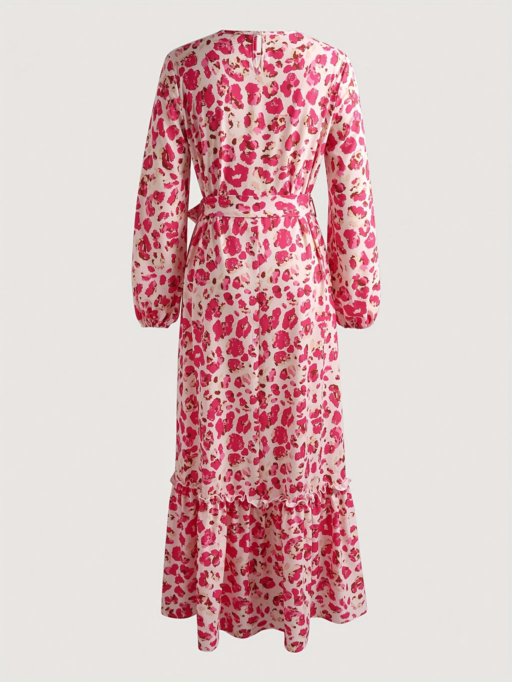 Women's Elegant Maxi Dress: Allover Print Crew Neck A-line Long Lantern Sleeve Tie Waist Ruffle Hem Dress for Spring & Fall