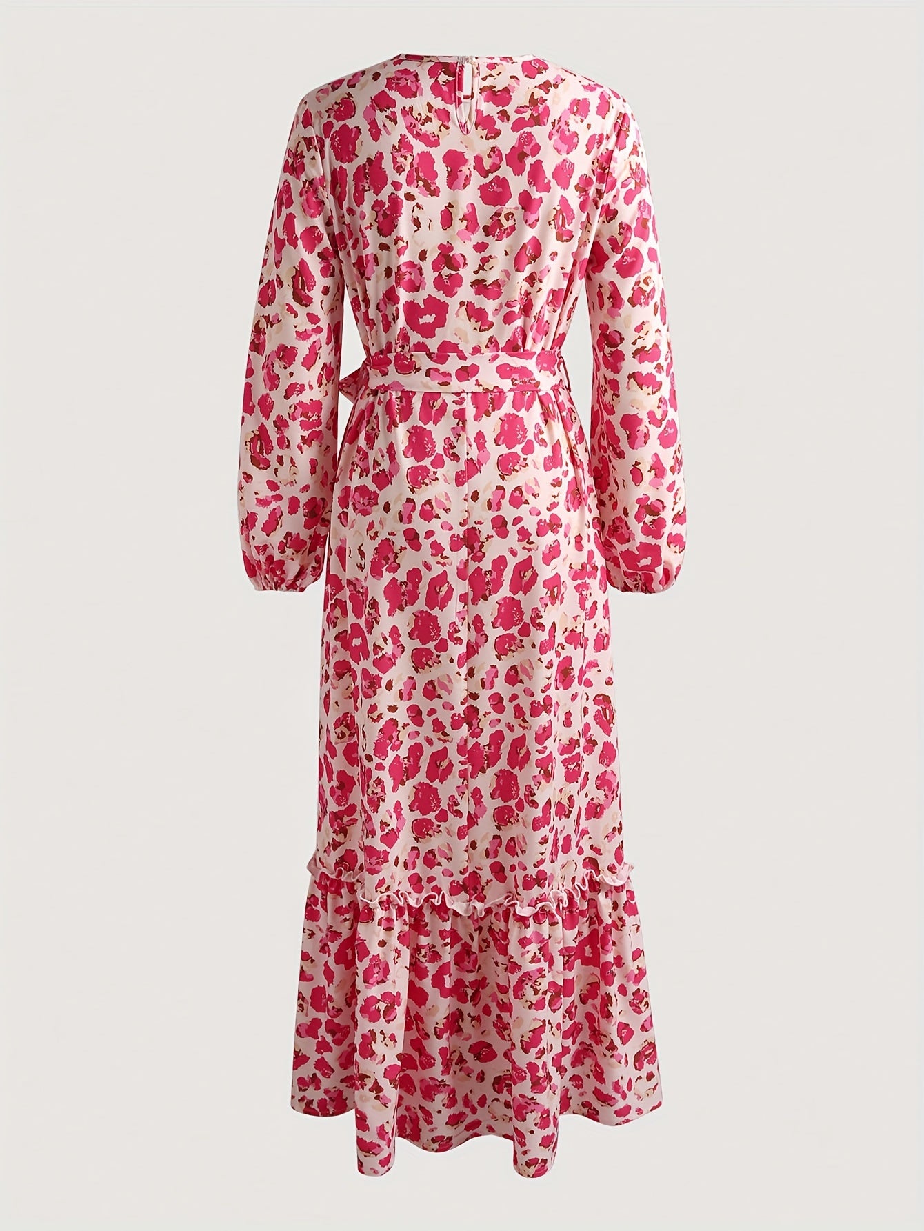 Women's Elegant Maxi Dress: Allover Print Crew Neck A-line Long Lantern Sleeve Tie Waist Ruffle Hem Dress for Spring & Fall