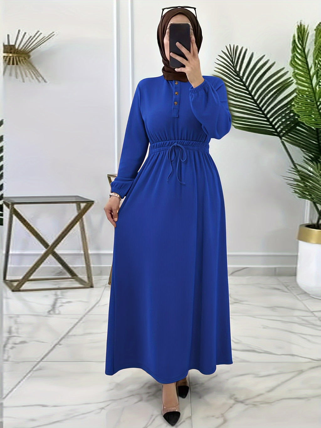 Elegant Navy Blue Maxi Dress for Women - Casual Solid Color with Button Detail, Long Sleeves, Polyester & Spandex Blend, Machine Washable - Perfect for All Seasons