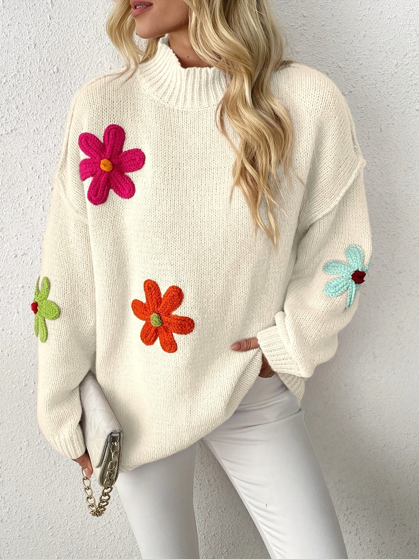 Plus Size Floral Applique Knit Sweater, Casual Long Sleeve High Neck Top For Fall & Winter, Women's Plus Size Clothing