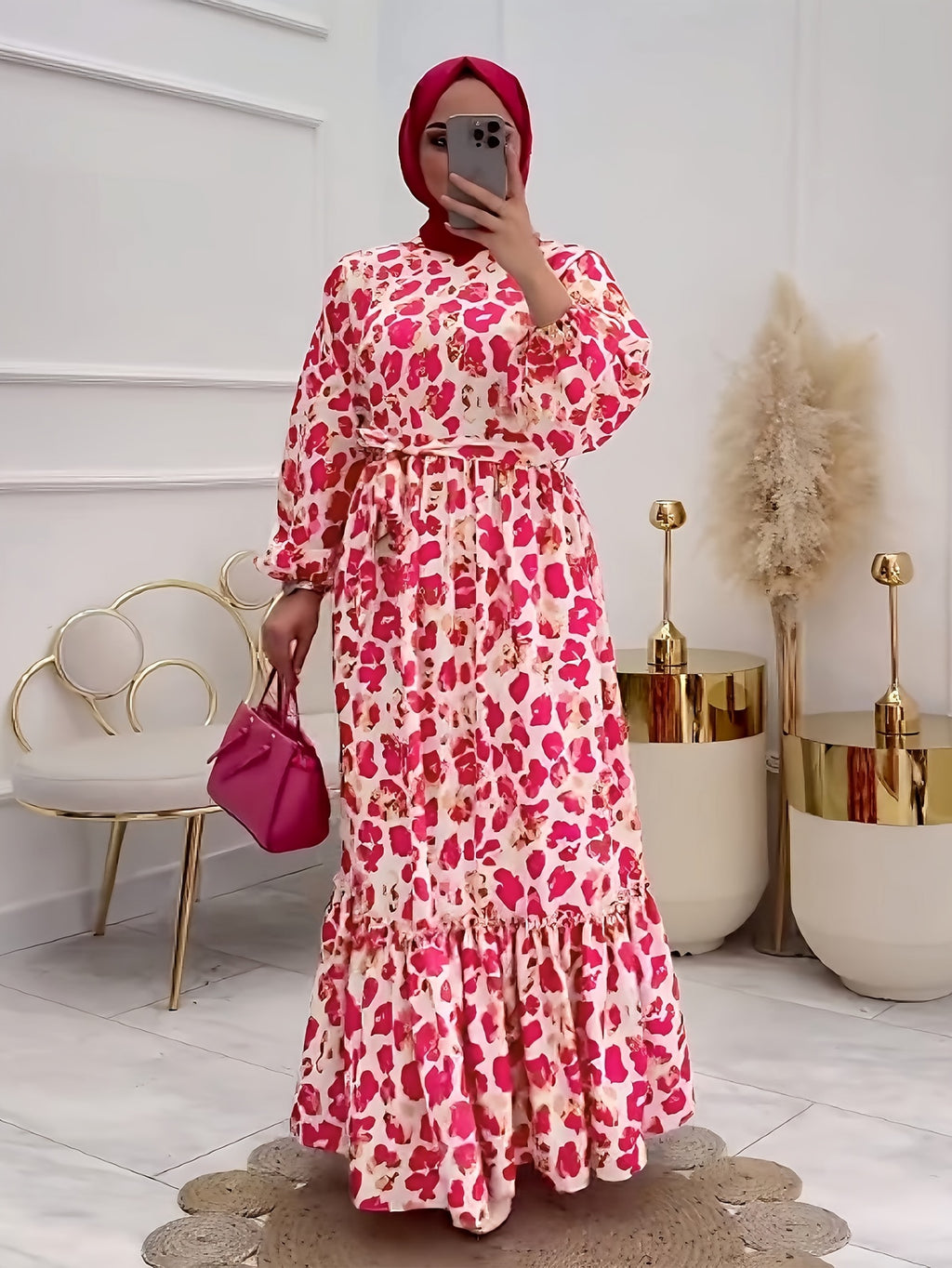 Women's Elegant Maxi Dress: Allover Print Crew Neck A-line Long Lantern Sleeve Tie Waist Ruffle Hem Dress for Spring & Fall