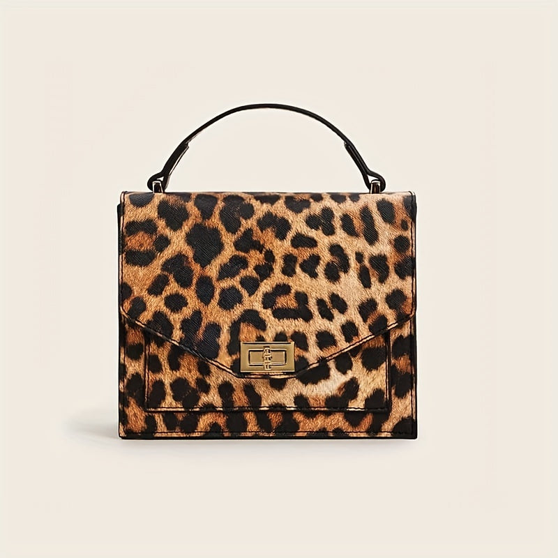 Leopard Print Handbag, Vintage Square Clutch Purse, Women's PU Leather Satchel Bag For Prom