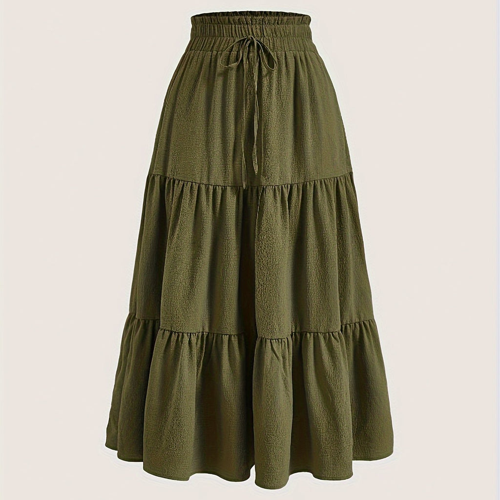Plus Size Solid Tiered Skirt, Casual Drawstring Elastic Waist Midi Skirt, Women's Plus Size Clothing