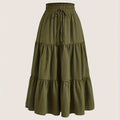 Plus Size Solid Tiered Skirt, Casual Drawstring Elastic Waist Midi Skirt, Women's Plus Size Clothing