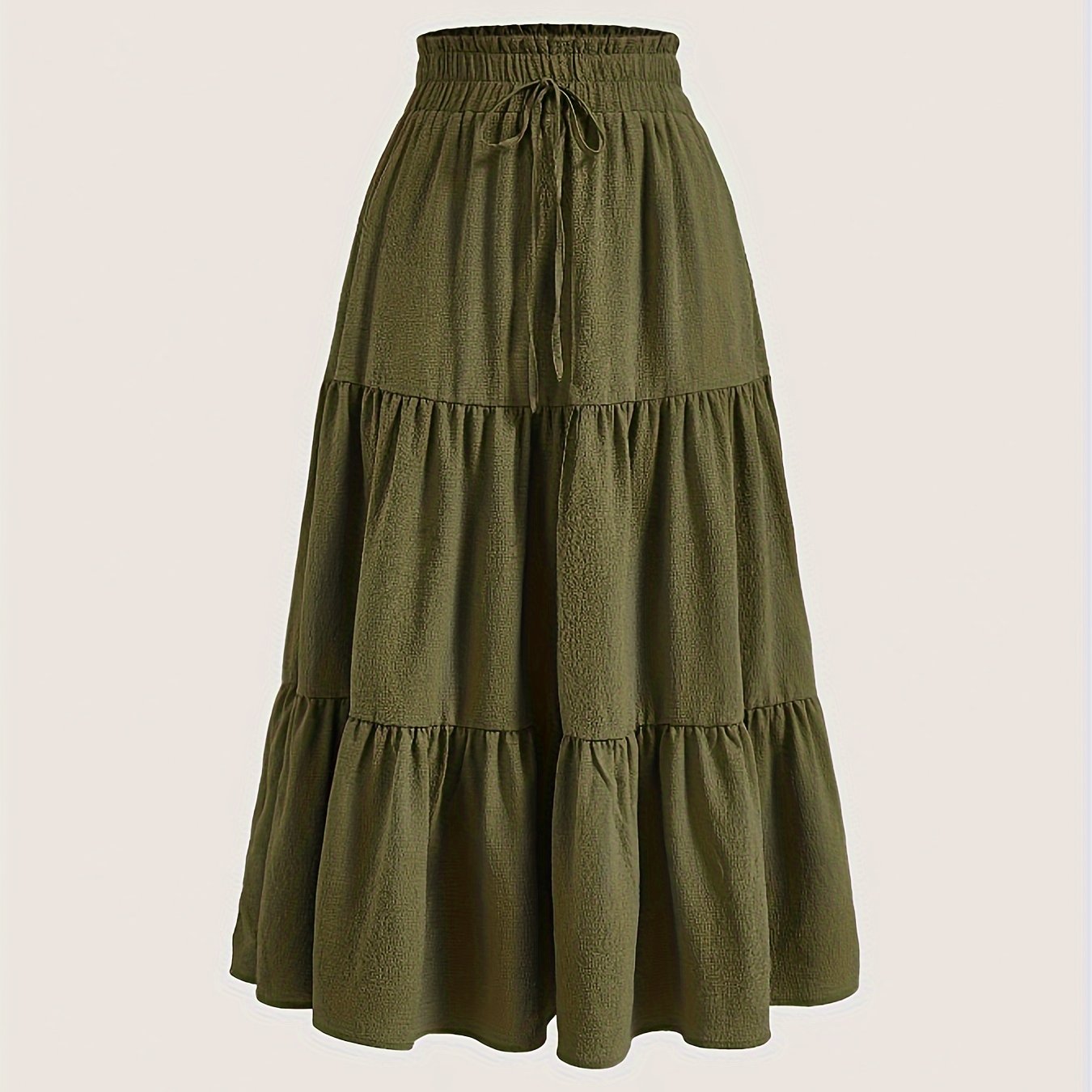 Plus Size Solid Tiered Skirt, Casual Drawstring Elastic Waist Midi Skirt, Women's Plus Size Clothing