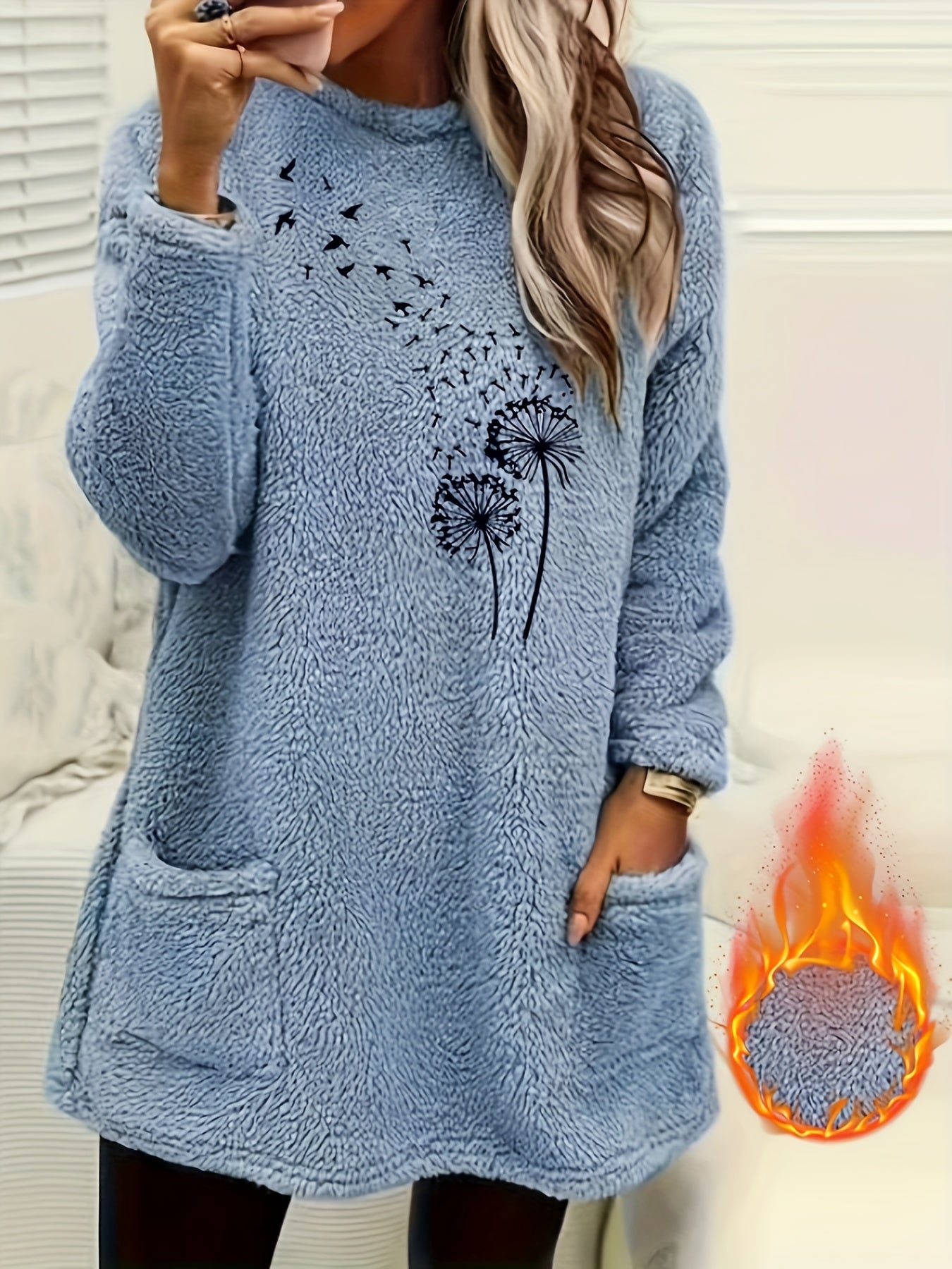 Women'S Cozy Fleece-Lined Long Sleeve Pullover Sweatshirt with Dandelion Print - Soft, Stretchy, and Casual Fall/Winter Wear, Orange, Round Neck, Regular Fit, Casual Wear|Dandelion Print Top|Stretchy Fabric, Women Jumper And