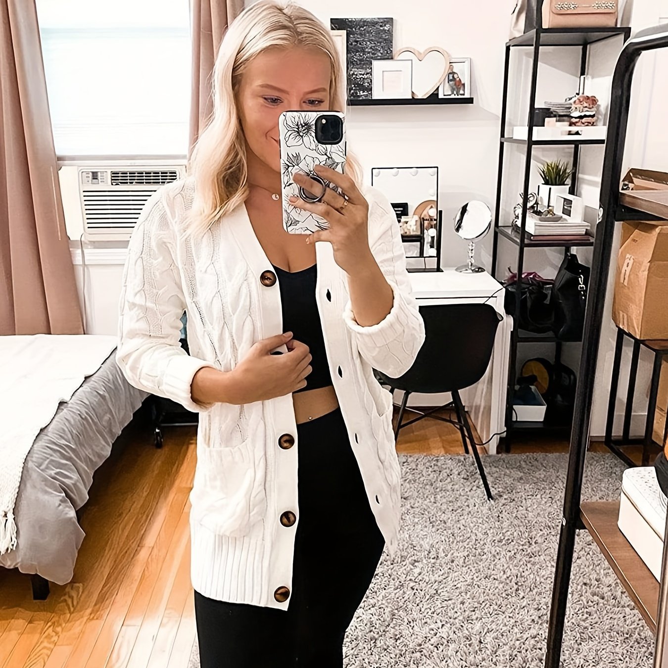 Plus Size Side Pockets Button Front Cardigans, Casual V Neck Solid Color Long Sleeve Cable Knit Cardigans Top For Winter & Fall, Women's Plus Size Clothing