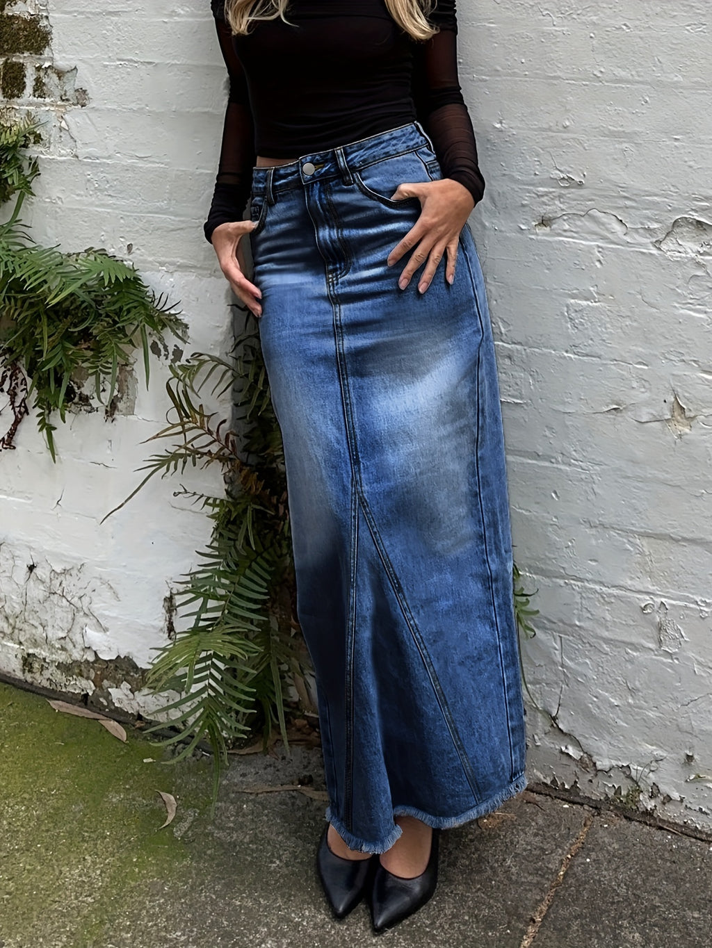 Raw Hem Slash Pocket Maxi Denim Skirt, Plain Washed Blue Whiskering Denim Skirt, Women's Denim Jeans & Clothing
