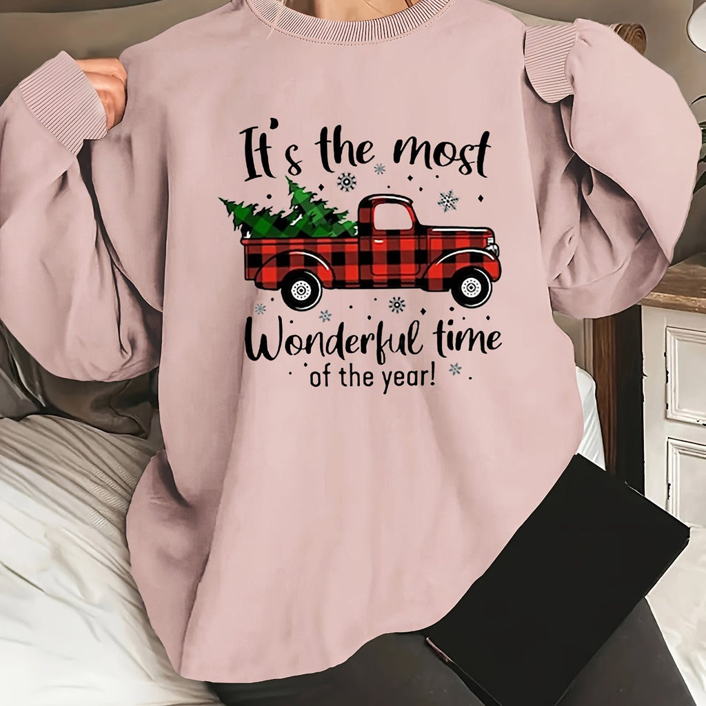 Plus Size Christmas Theme Print Pullover Sweatshirt, Casual Long Sleeve Crew Neck Sweatshirt For Fall & Spring, Women's Plus Size Clothing