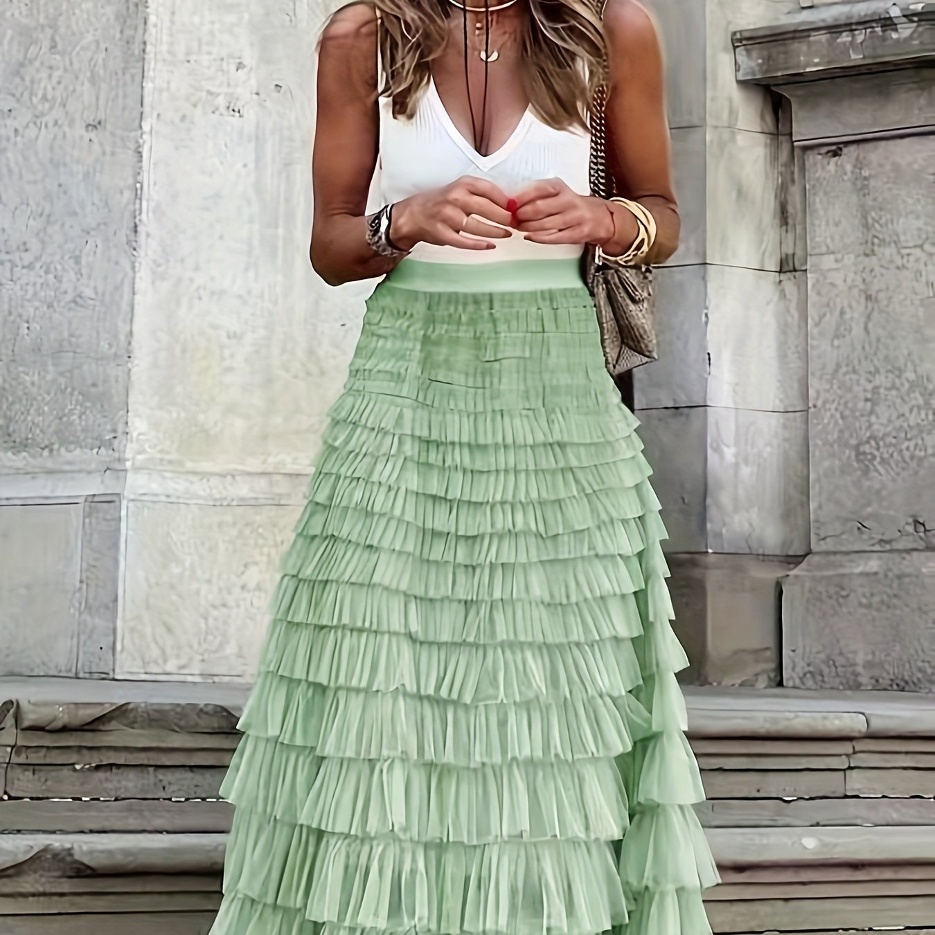 Mesh Layered Hem Skirt, Boho High Waist Skirt, Women's Clothing