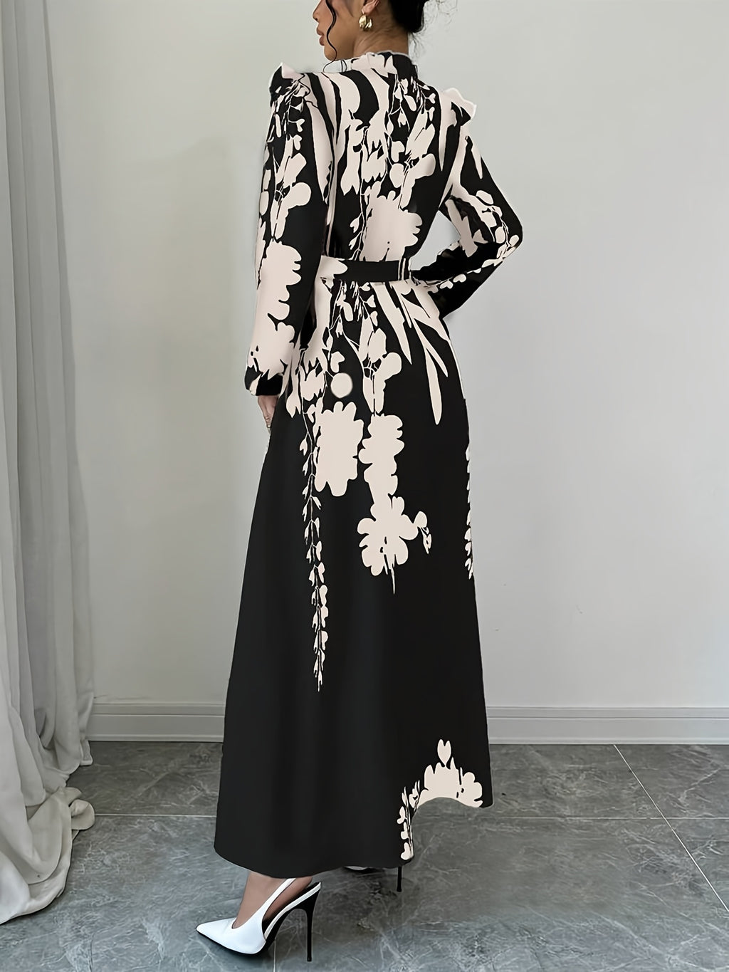 Elegant Floral Print Long Sleeve Dress with Stand Collar and Waist Detail, Polyester A-Line Maxi Dress, with Lantern Sleeves and Ruffle Hem, for Spring/Fall
