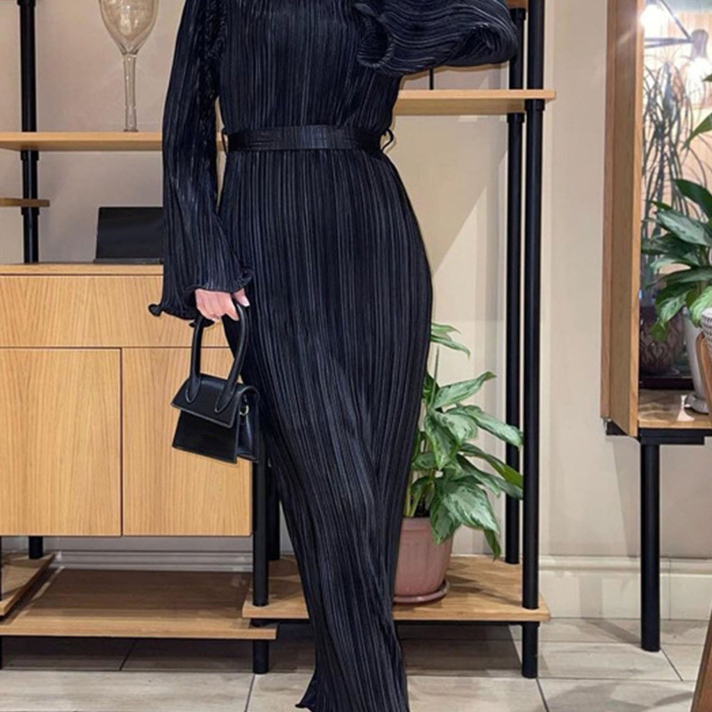 Crew Neck Plain Color Maxi Dress, Elegant Long Sleeve Dress For Spring & Fall, Women's Clothing
