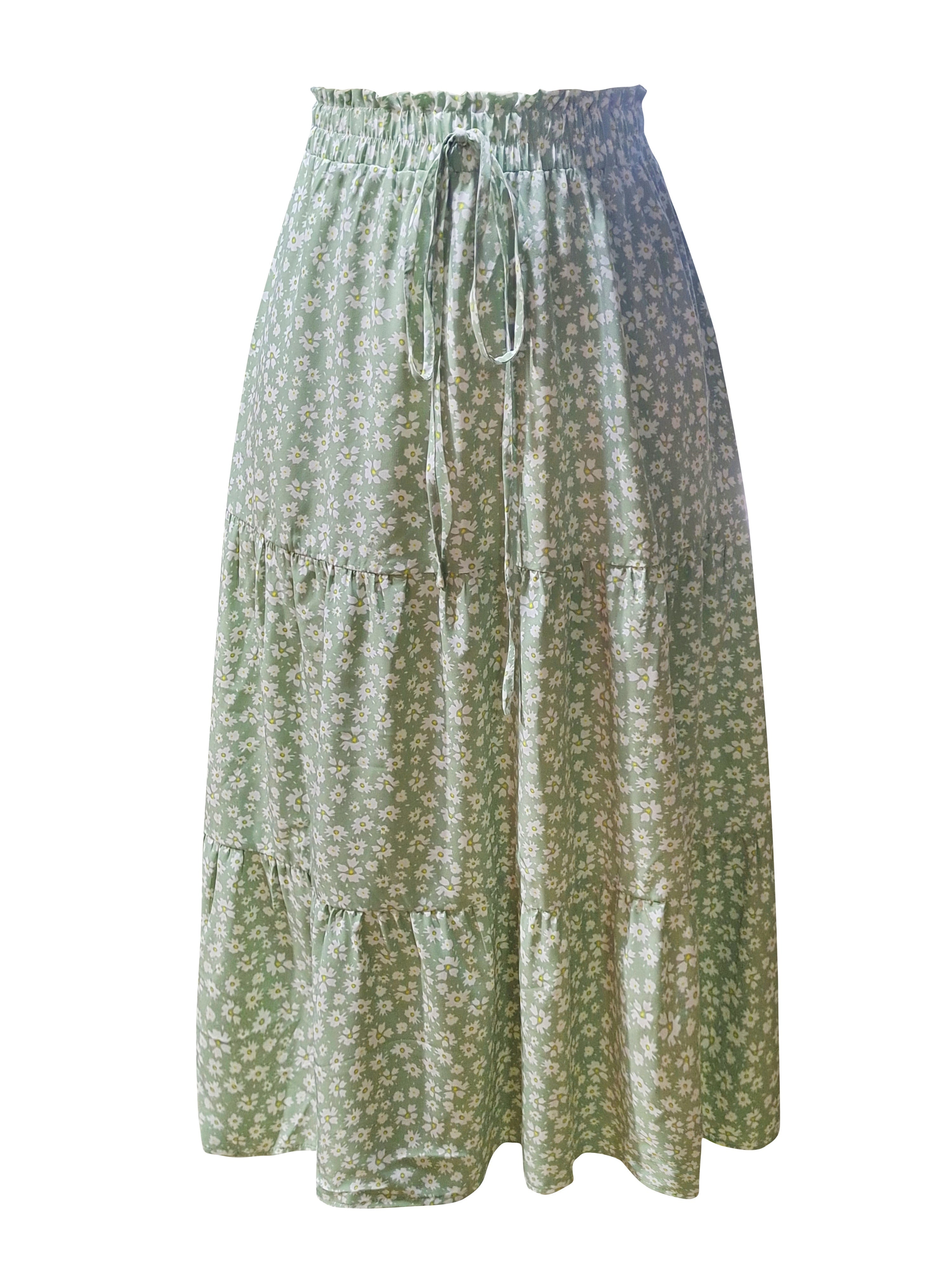 Plus Size Solid Tiered Skirt, Casual Drawstring Elastic Waist Midi Skirt, Women's Plus Size Clothing