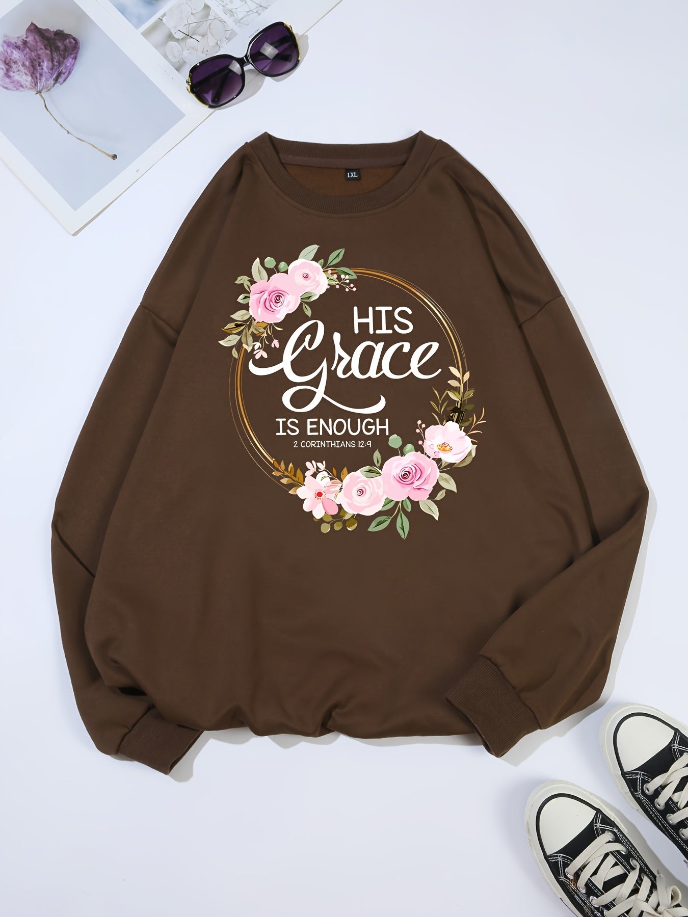 Plus Size Graphic Print Sweatshirt, Crew Neck Casual Sweatshirt For Fall & Spring, Women's Plus Size Clothing