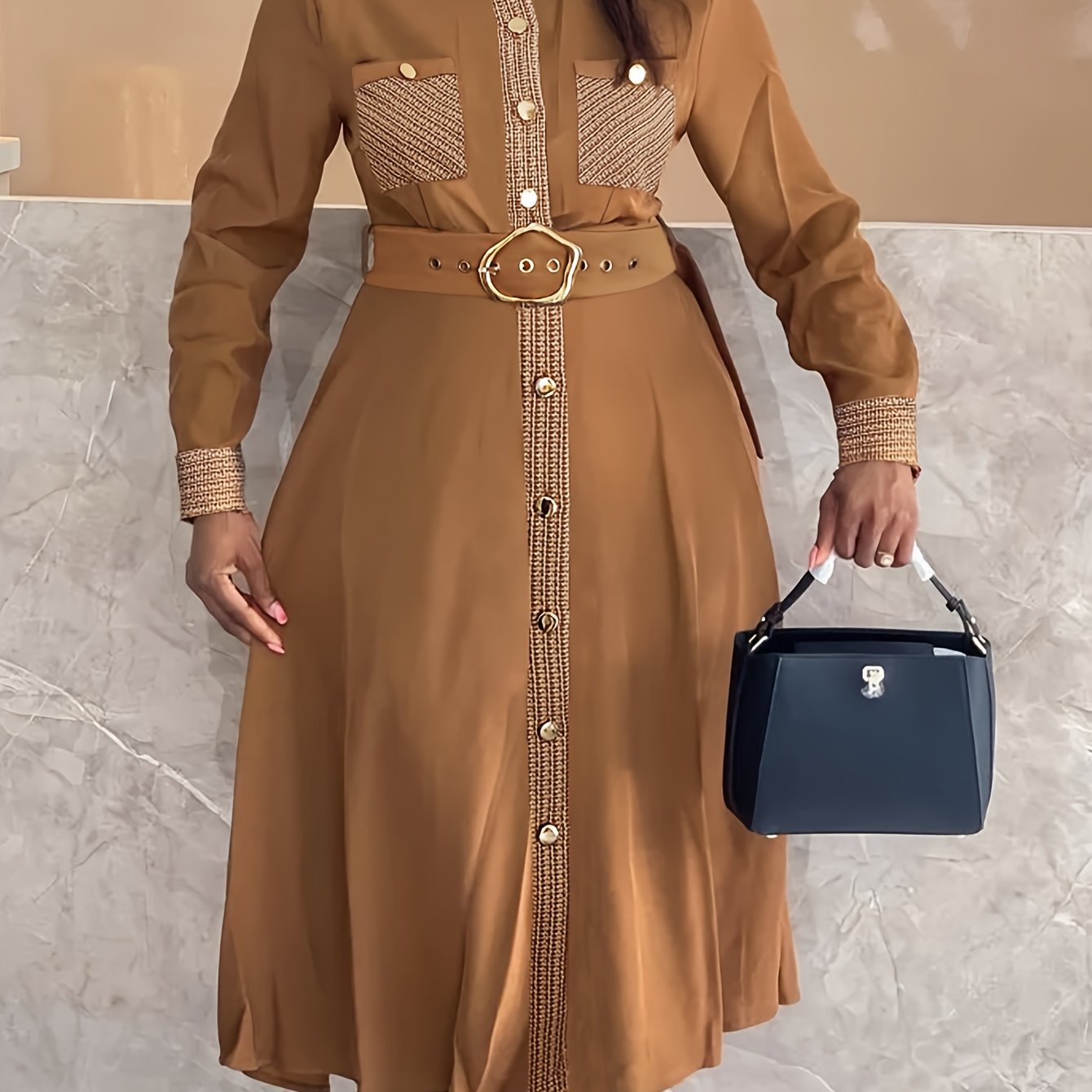 Plus Size Elegant Midi Dress - Solid Color Splicing, Long Sleeve, Mock Neck, Breast Pockets, Belted, Epaulets, Flattering Silhouette, Comfortable Wear - Women's Plus Size Clothing for Special Occasions