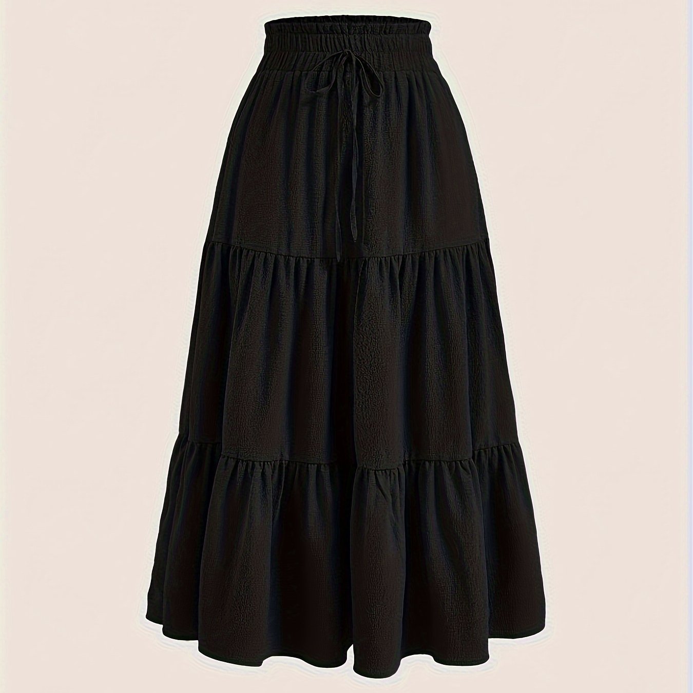 Plus Size Solid Tiered Skirt, Casual Drawstring Elastic Waist Midi Skirt, Women's Plus Size Clothing