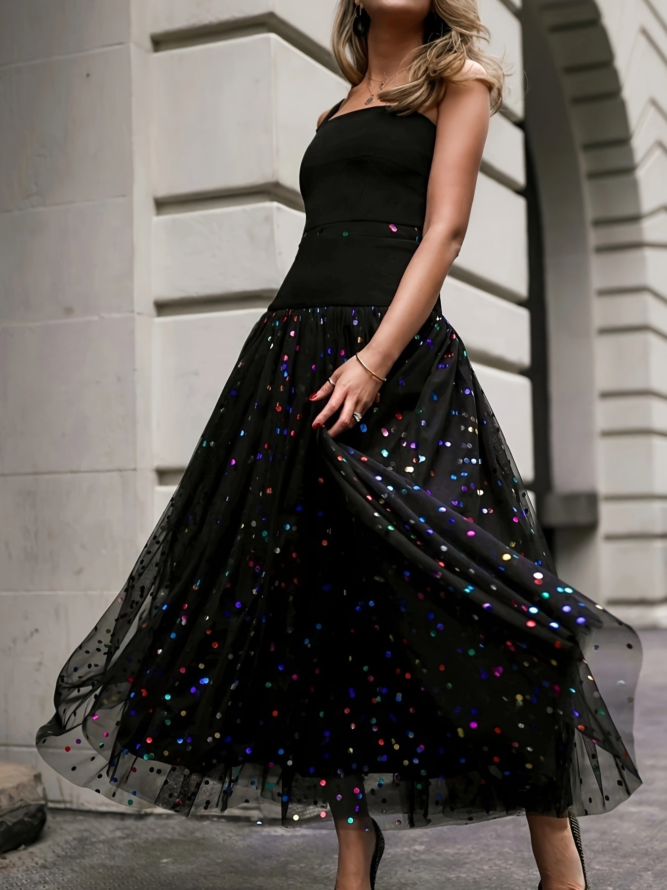 Plus Size Sequin Decor Mesh Skirt, Casual High Waist Pleated Midi Skirt, Women's Plus Size Clothing