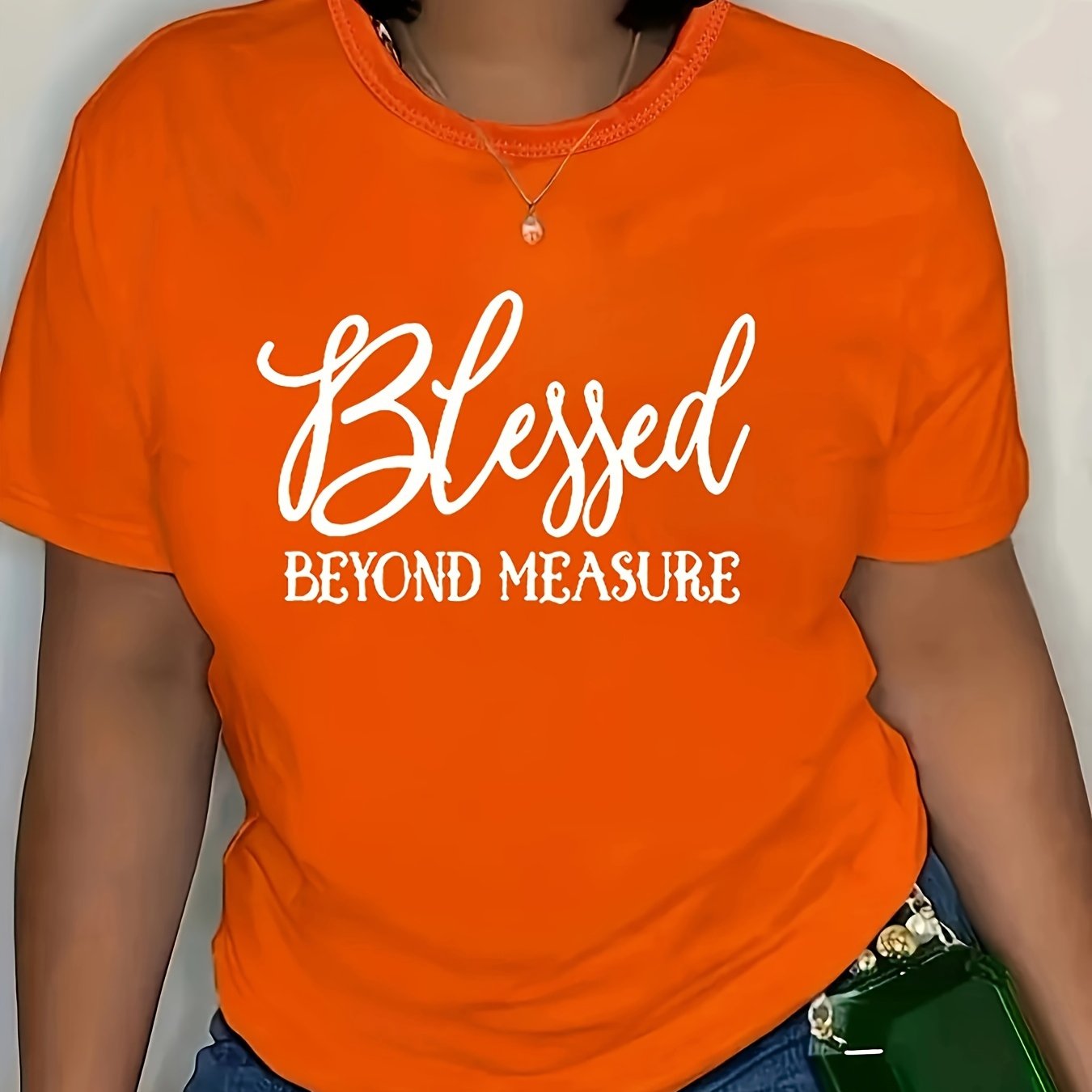 Plus Size Blessed Print T-shirt, Casual Short Sleeve Crew Neck Top For Spring & Summer, Women's Plus Size Clothing