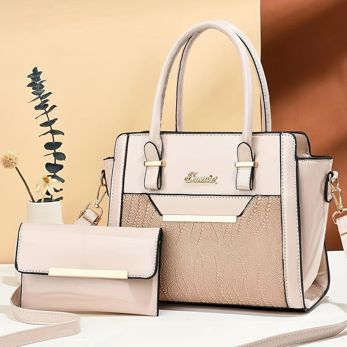 2Pcs Stylish Crocodile Print Womens Bag Set - Fashion Tote & Coin Purse - Solid Colors, Multi-layer Design for Organized Commuting