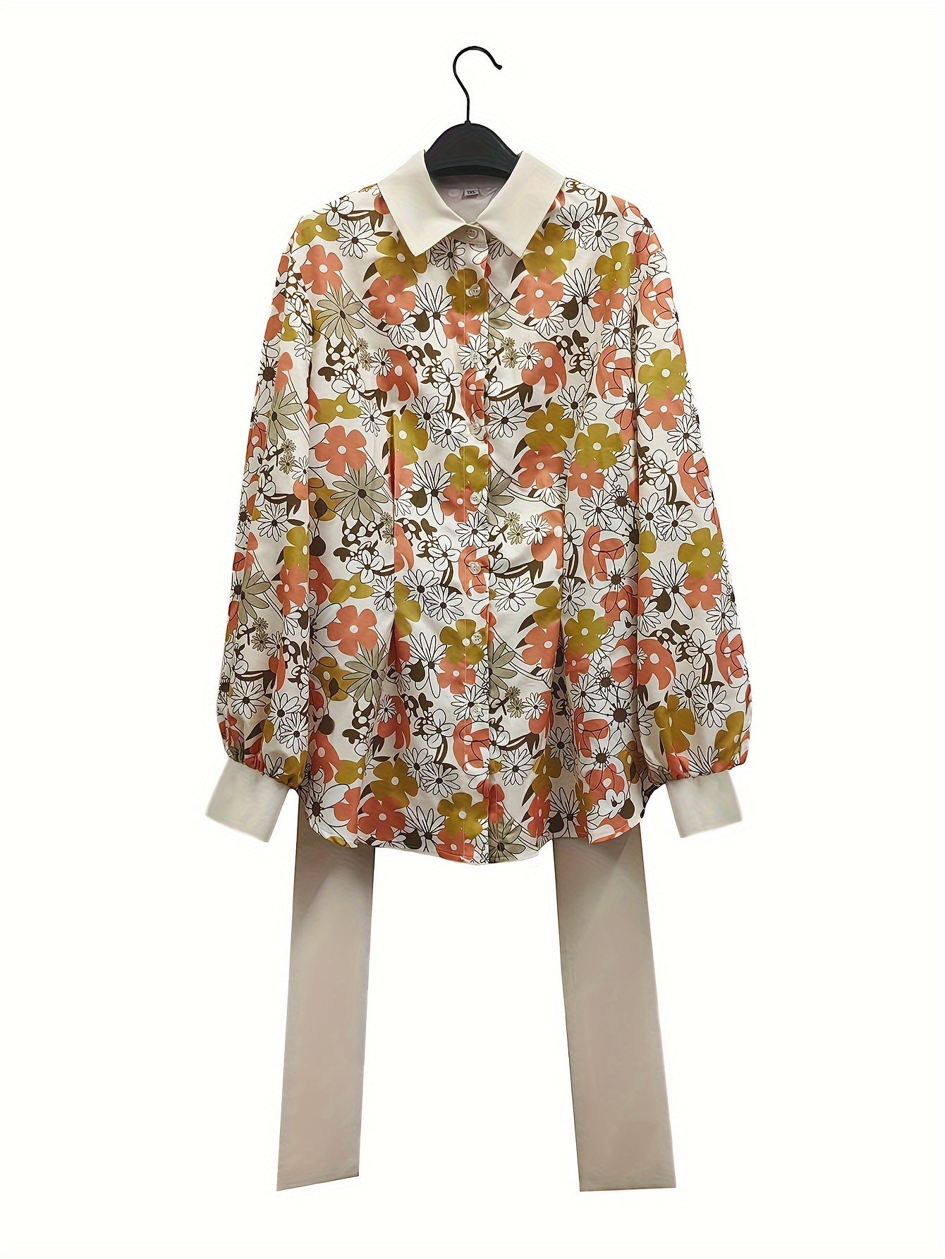 Plus Size Floral Print Button Front Shirt, Elegant Long Sleeve Tie Waist Shirt For Spring & Fall, Women's Plus Size Clothing