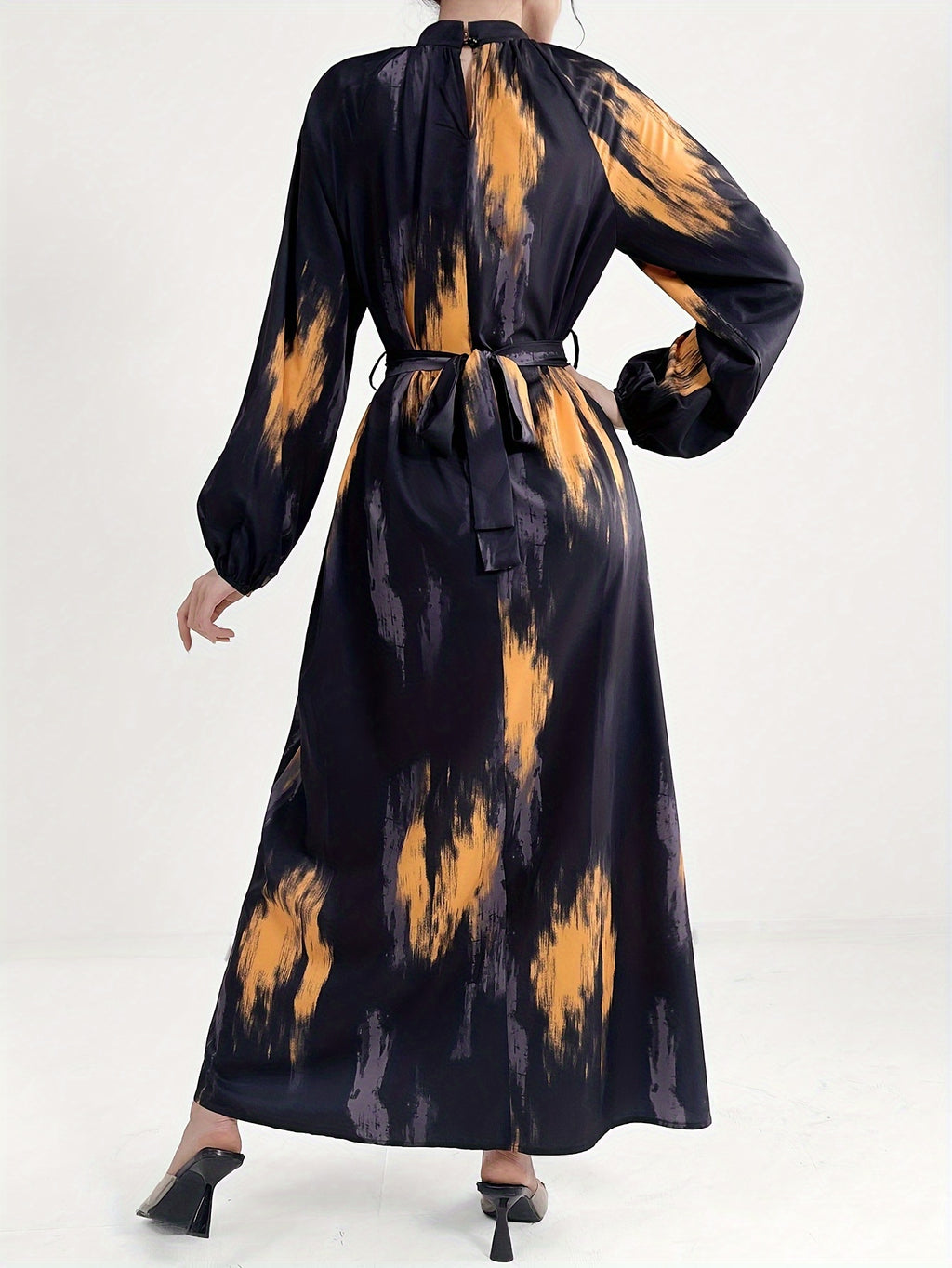Women's Long Sleeve Geometric Print Maxi Dress with Belt - Polyester, Machine Washable, Long Length, Round Neck, All-Season Wear