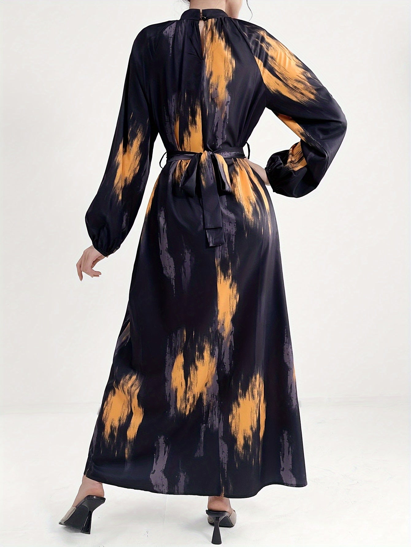Women's Long Sleeve Geometric Print Maxi Dress with Belt - Polyester, Machine Washable, Long Length, Round Neck, All-Season Wear