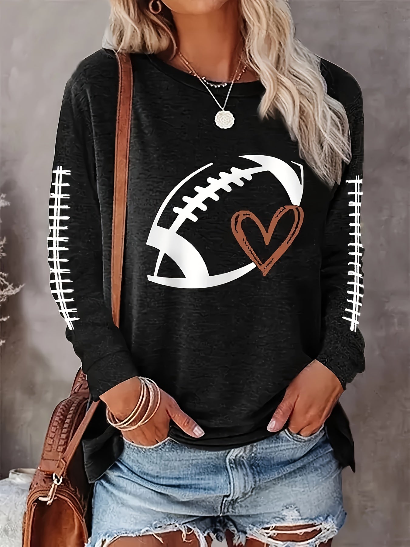 Plus Size Football Print Crew Neck T-shirt, Casual Long Sleeve Top For Spring & Fall, Women's Plus Size Clothing