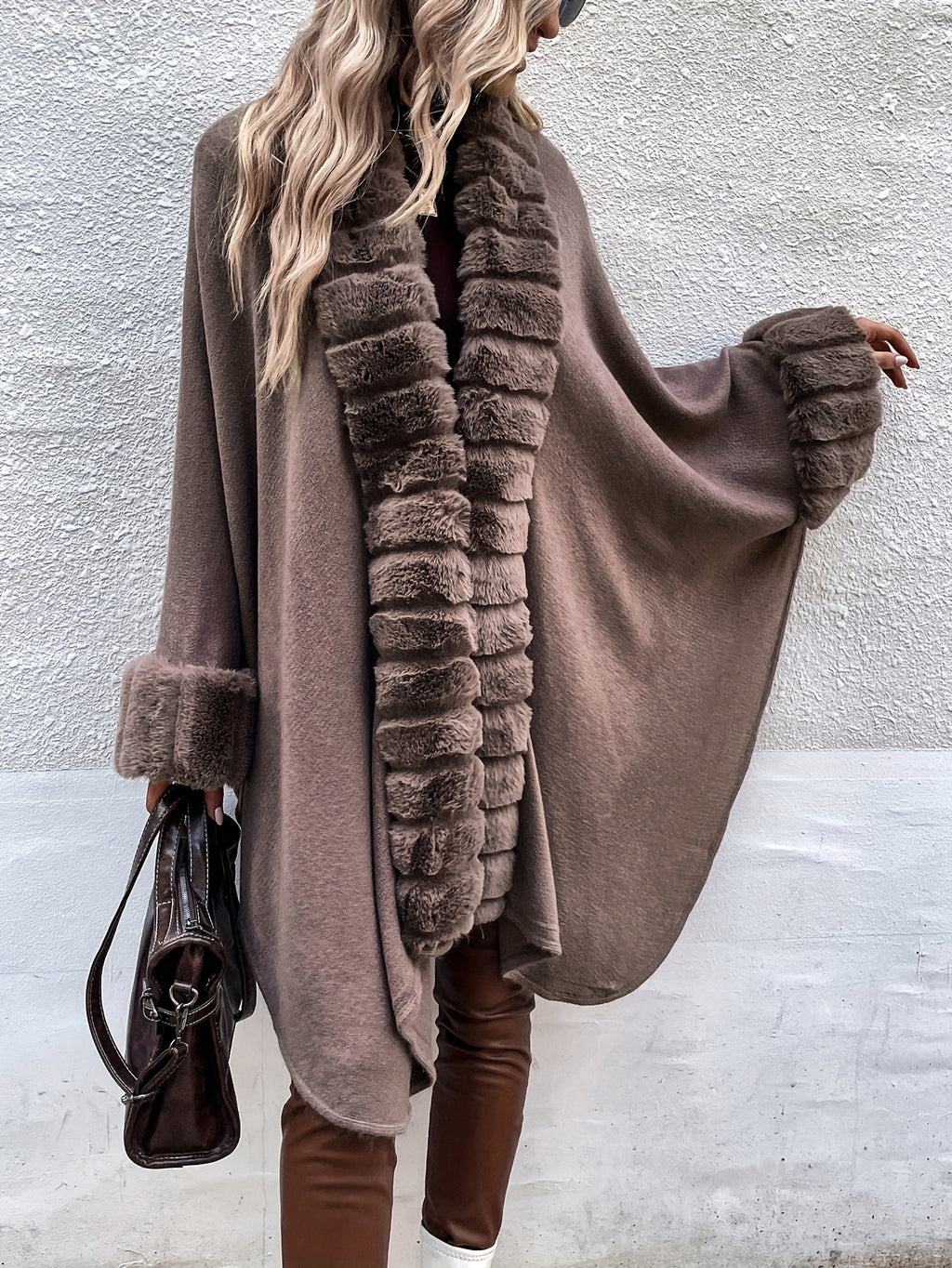 Plus Size Fuzzy Trim Solid Cape Coat, Elegant Paneled Open Front Warm Outerwear For Fall & Winter, Women's Plus Size Clothing