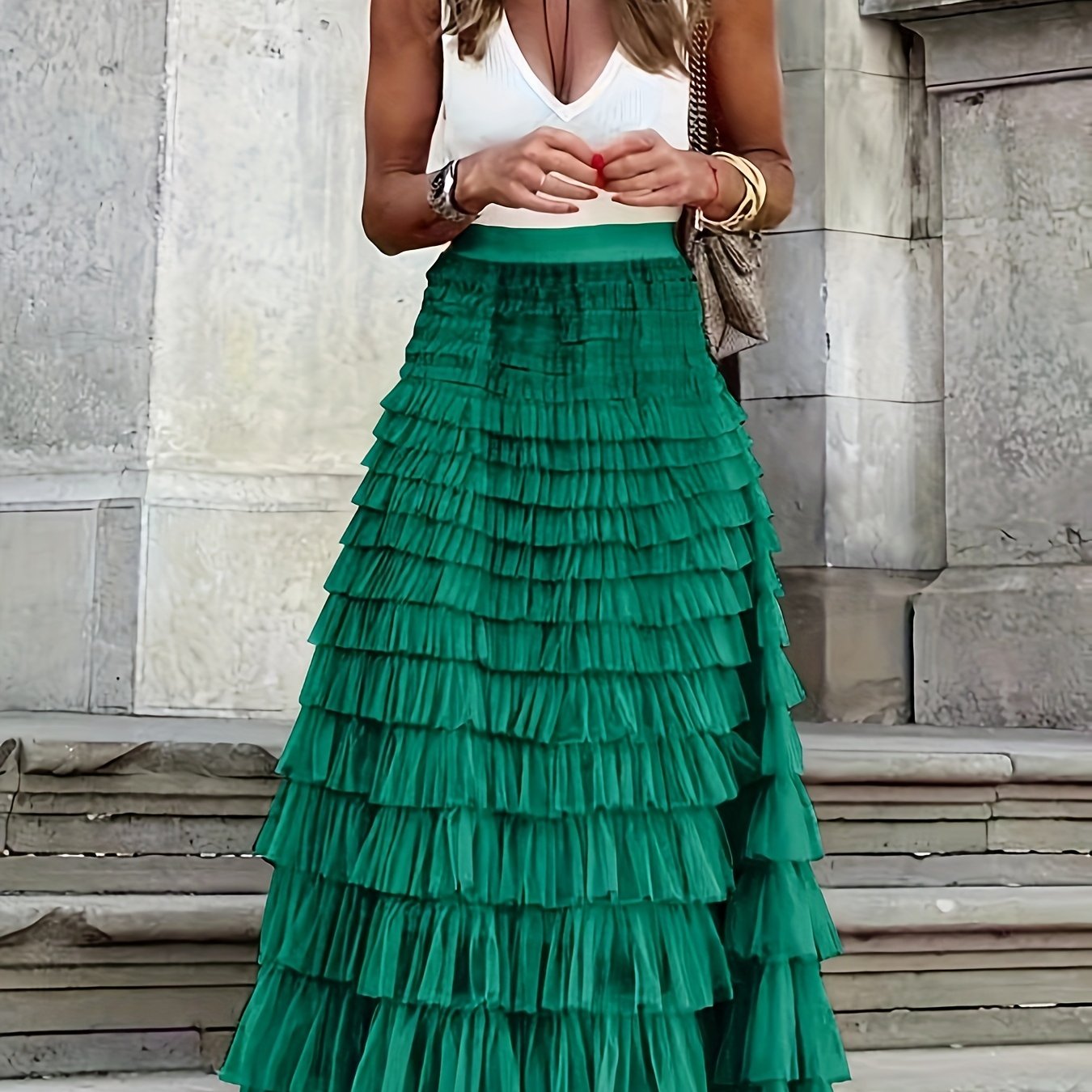 Mesh Layered Hem Skirt, Boho High Waist Skirt, Women's Clothing